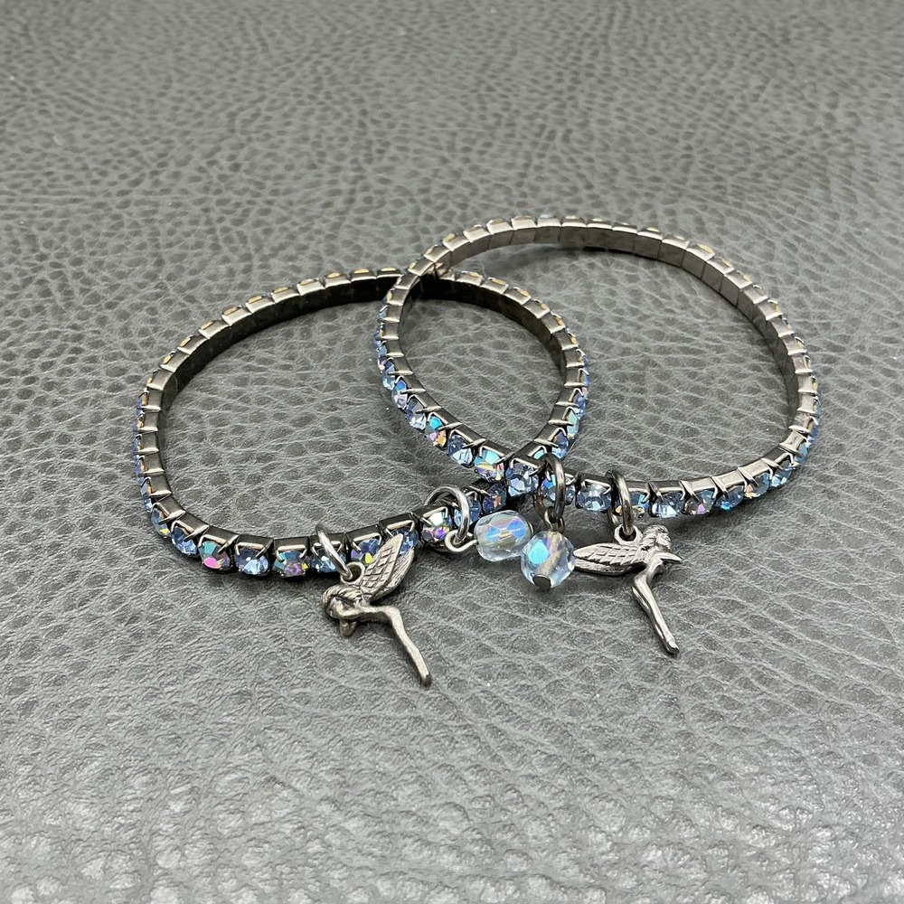 Bracelet Set Lot Of 2 Blue Crystal Tennis Angel Charm Stretch Womens Jewelry